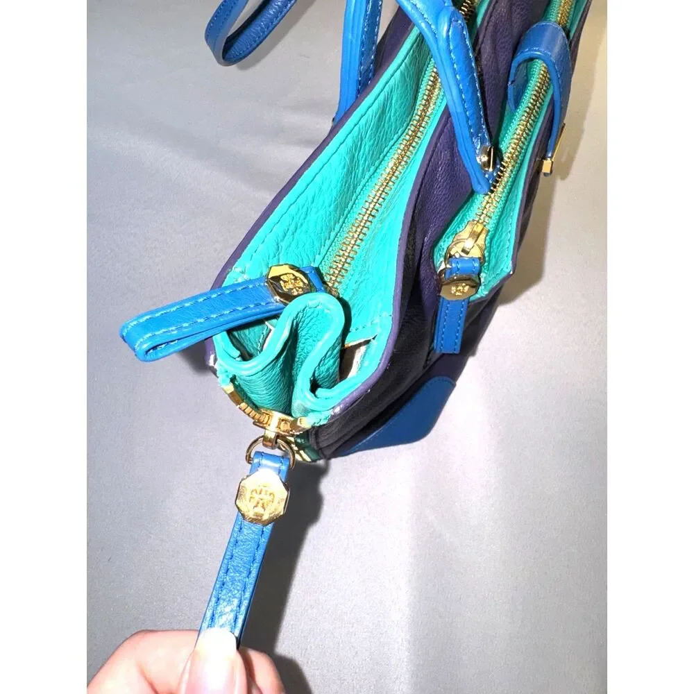 Tory Burch Blue, Purple, Green Color Blocked leather purse.